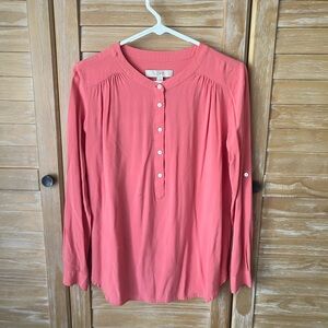 LOFT Coral Henley Button-Front Long Sleeve Tunic